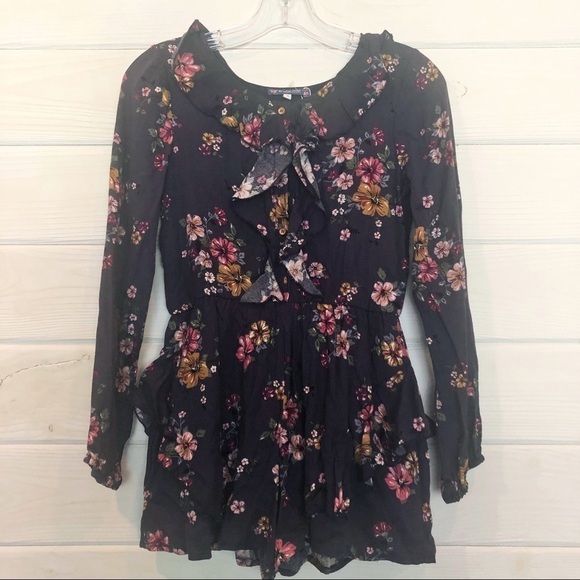 Truly Me by Sara Sara Navy Floral Long Sleeve Romper Shorts - Picture 1 of 7